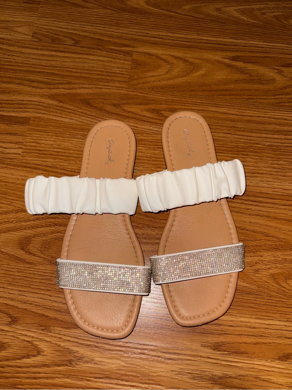 Qupid White Ruched Strap Sandals with Sparkling Crystal Toe Band